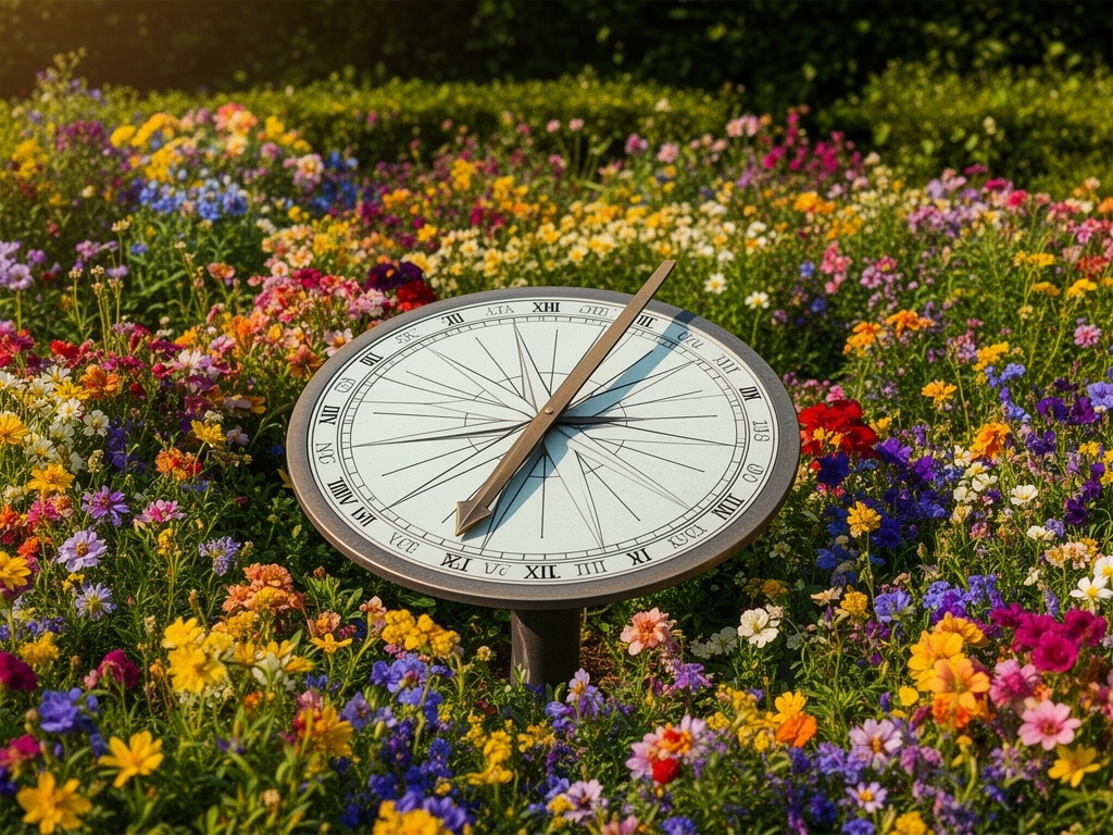 Zegar słoneczny w ogrodzie otoczony kwiatami, symbolizujący naturalne rytmy czasu i cykli dobowych