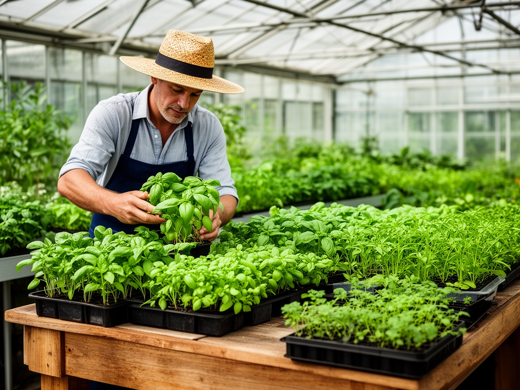 Ogrodnik w słomkowym kapeluszu pielęgnujący rzędy młodych ziół w doniczkach ustawionych na drewnianym stole w szklarni z naturalnym oświetleniem