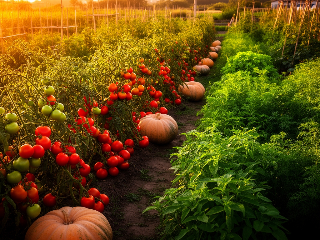 Rozległy warzywnik w pełnym lecie z bujnymi rzędami pomidorów, dyni i ziół w ciepłym, dramatycznym popołudniowym świetle