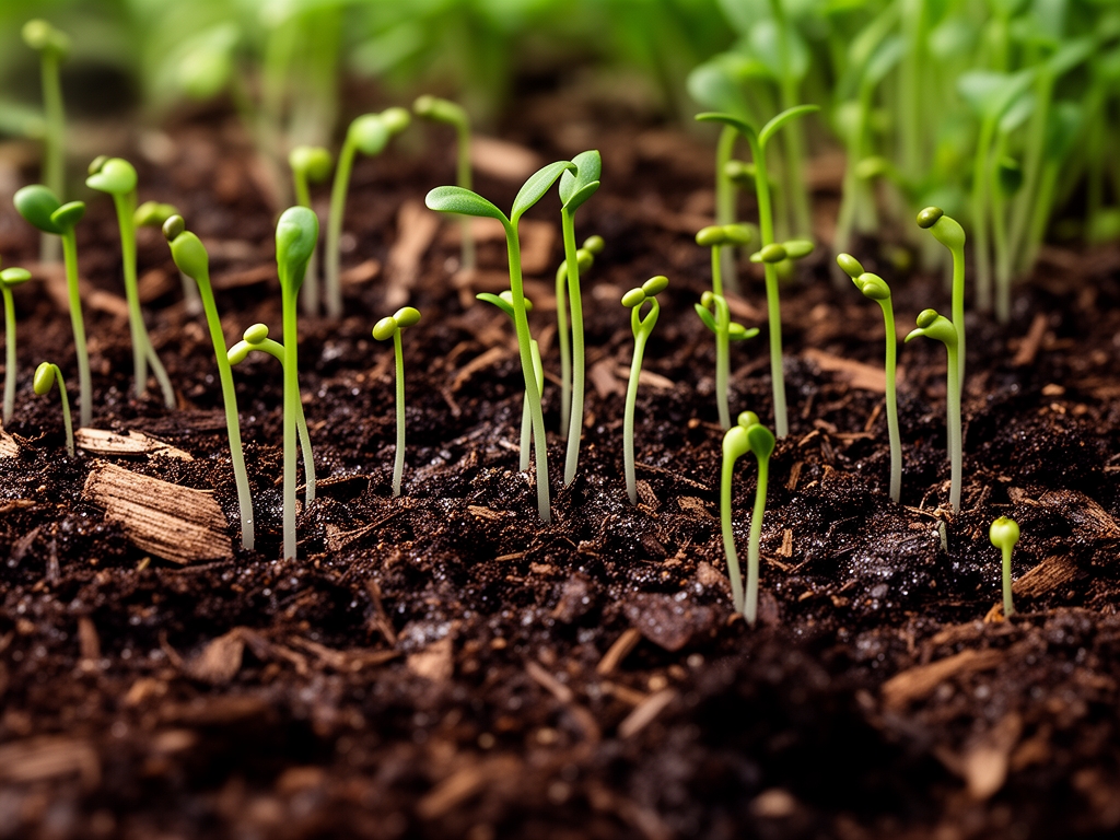 Zbliżenie na ziemię ogrodu z kiełkującymi nasionami i pierwszymi łodyżkami roślin otoczonymi wilgotną próchnicą