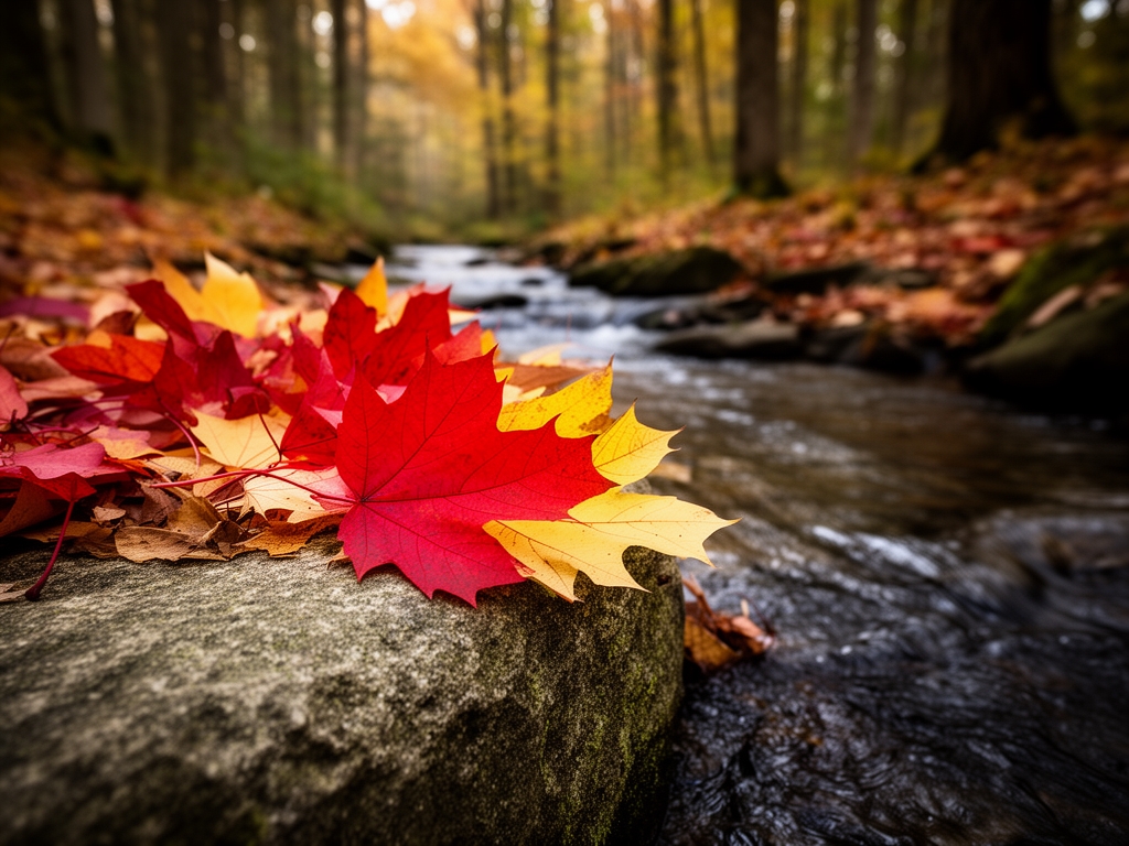 Jesienne liście klonu w odcieniach czerwieni i złota spoczywające na kamieniu obok małego strumienia w lesie