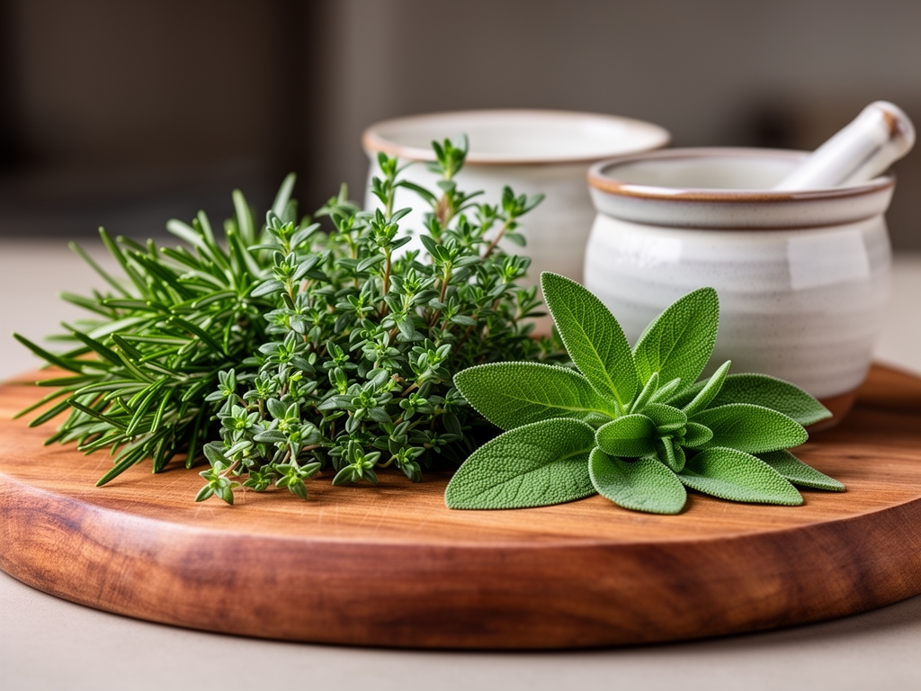 Zbliżenie na świeże zioła aromatyczne ułożone na drewnianej desce kuchennej: rozmaryn, tymianek i szałwia obok ceramicznych naczyń